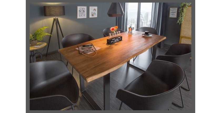 Table de salle à manger ARKAYA 140 cm – Plateau en bois massif d’acacia verni et pieds en U métal noir – Style industriel