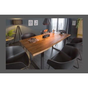 Table de salle à manger ARKAYA 140 cm – Plateau en bois massif d’acacia verni et pieds en U métal noir – Style industriel