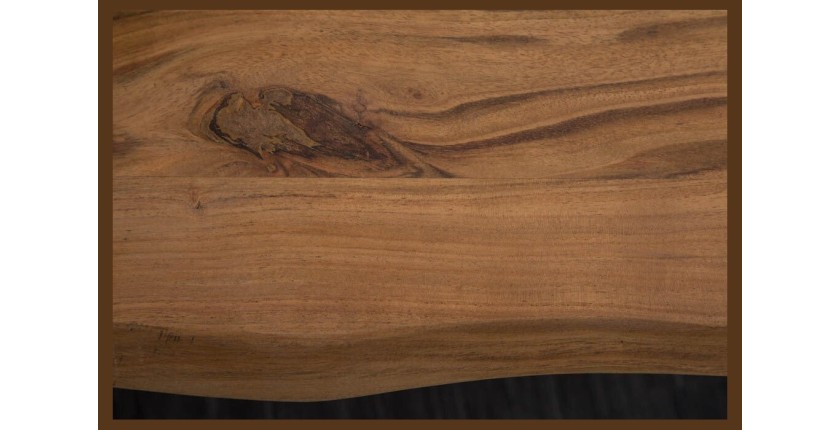 Table de salle à manger ARKAYA 140 cm – Plateau en bois massif d’acacia verni et pieds en U métal noir – Style industriel