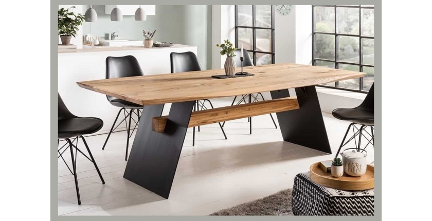 Table de salle à manger ZENTOR 200 cm – Plateau en chêne sauvage et pieds en métal noir – Style industriel haut de gamme