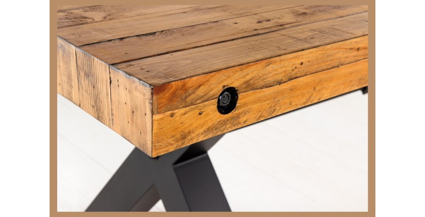 Table de salle à manger CHRIS 300 cm – Plateau en pin recyclé verni et pieds métal noir – Style industriel XXL