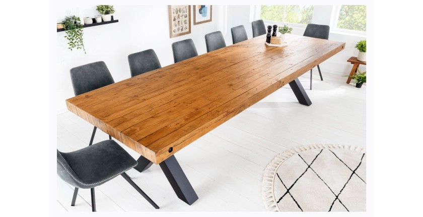Table de salle à manger CHRIS 300 cm – Plateau en pin recyclé verni et pieds métal noir – Style industriel XXL
