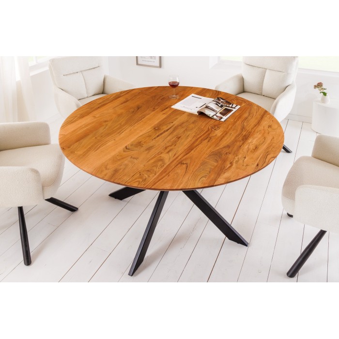 Table de salle à manger SOLARA 130 cm – Plateau rond en acacia massif et pieds métal noir – Style industriel chic