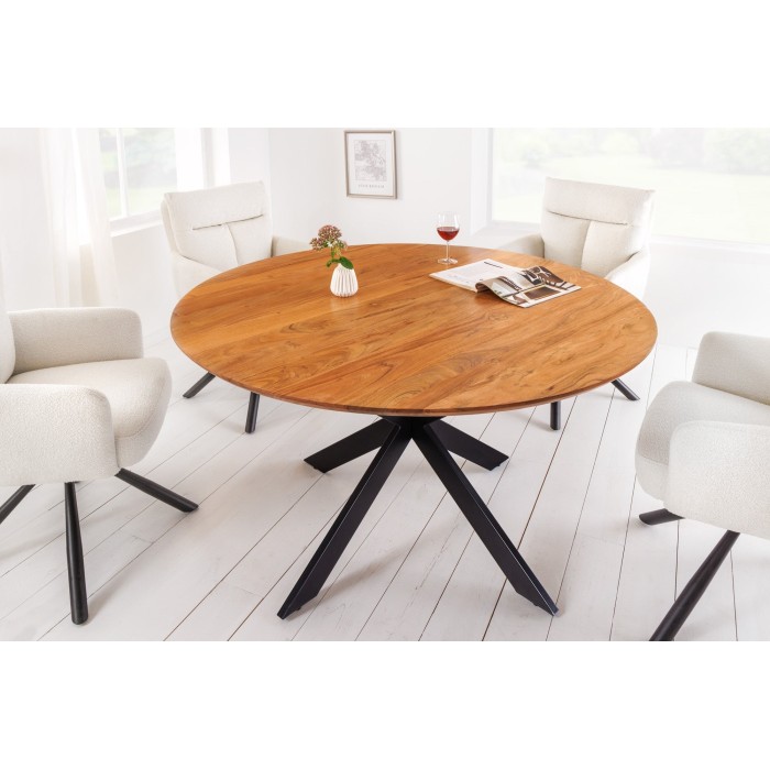 Table de salle à manger SOLARA 130 cm – Plateau rond en acacia massif et pieds métal noir – Style industriel chic