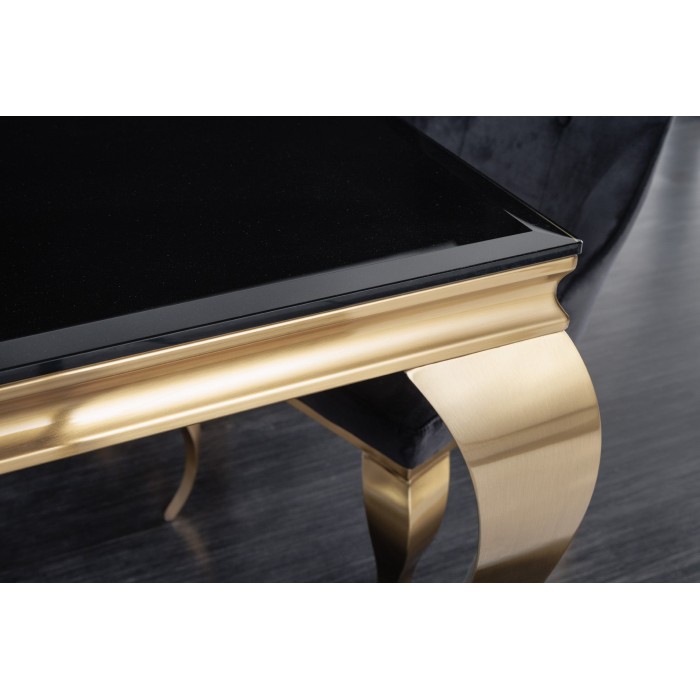 Table de salle à manger VELENA 180 cm – Plateau en verre noir et structure en acier doré – Élégance baroque et design moderne
