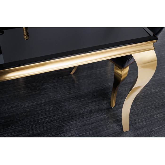Table de salle à manger VELENA 180 cm – Plateau en verre noir et structure en acier doré – Élégance baroque et design moderne