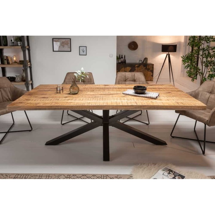 Table SOLARA 160 cm – Plateau en bois de manguier verni et structure en métal noir – Design industriel et charme unique