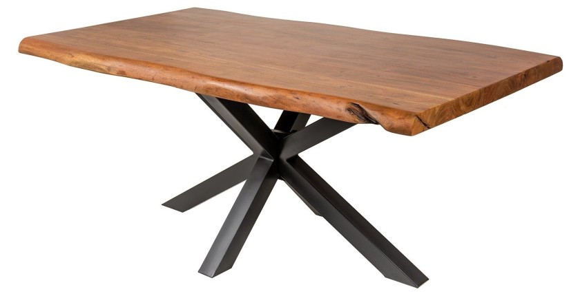 Table de salle à manger ARKAYA 180 cm – Plateau en bois massif d’acacia verni et structure en métal noir – Style industriel et n