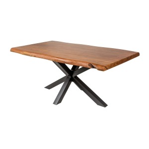 Table de salle à manger ARKAYA 180 cm – Plateau en bois massif d’acacia verni et structure en métal noir – Style industriel et n