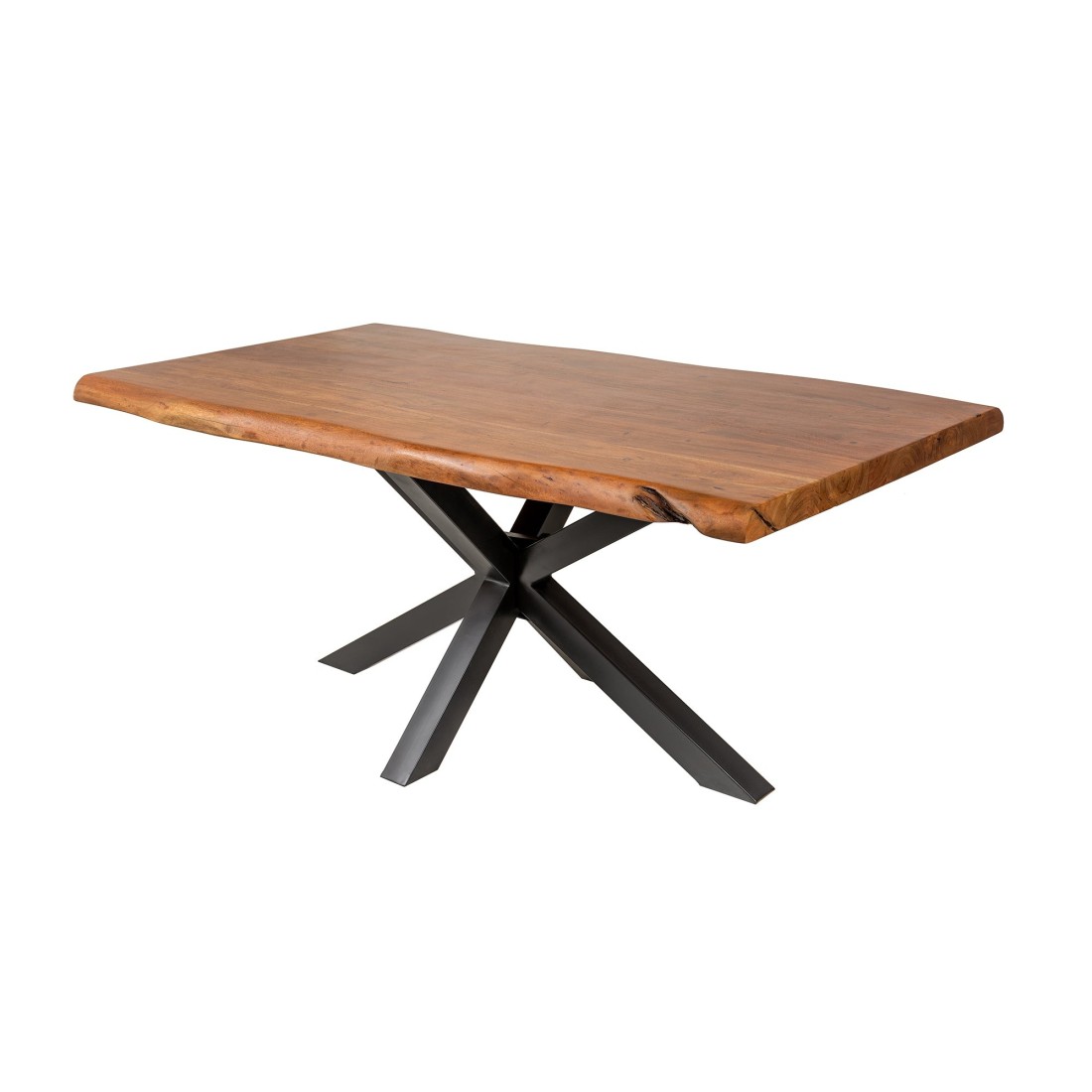 Table de salle à manger ARKAYA 180 cm – Plateau en bois massif d’acacia verni et structure en métal noir – Style industriel et n
