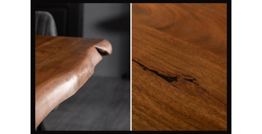 Table de salle à manger ARKAYA 180 cm – Plateau en bois massif d’acacia verni et structure en métal noir – Style industriel et n
