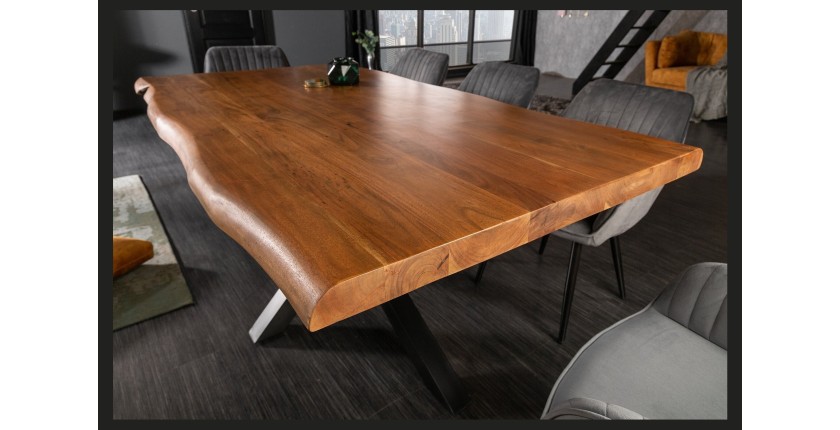 Table de salle à manger ARKAYA 180 cm – Plateau en bois massif d’acacia verni et structure en métal noir – Style industriel et n