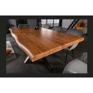 Table de salle à manger ARKAYA 180 cm – Plateau en bois massif d’acacia verni et structure en métal noir – Style industriel et n