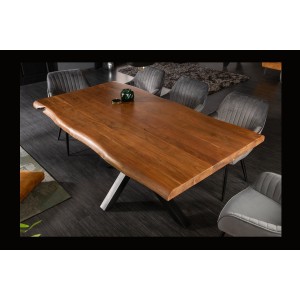 Table de salle à manger ARKAYA 180 cm – Plateau en bois massif d’acacia verni et structure en métal noir – Style industriel et n