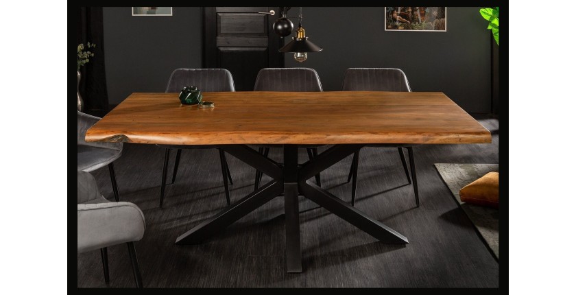 Table de salle à manger ARKAYA 180 cm – Plateau en bois massif d’acacia verni et structure en métal noir – Style industriel et n