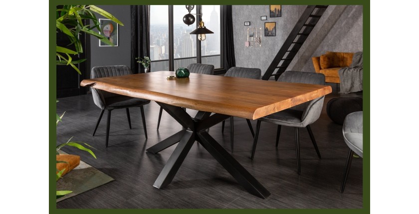 Table de salle à manger ARKAYA 180 cm – Plateau en bois massif d’acacia verni et structure en métal noir – Style industriel et n