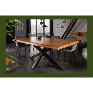 Table de salle à manger ARKAYA 180 cm – Plateau en bois massif d’acacia verni et structure en métal noir – Style industriel et n