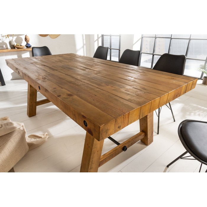 Table de salle à manger RANCHO 165 cm – Plateau en bois de pin recyclé verni – Style rustique et chaleureux