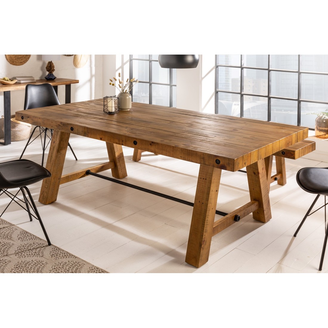 Table de salle à manger RANCHO 165 cm – Plateau en bois de pin recyclé verni – Style rustique et chaleureux
