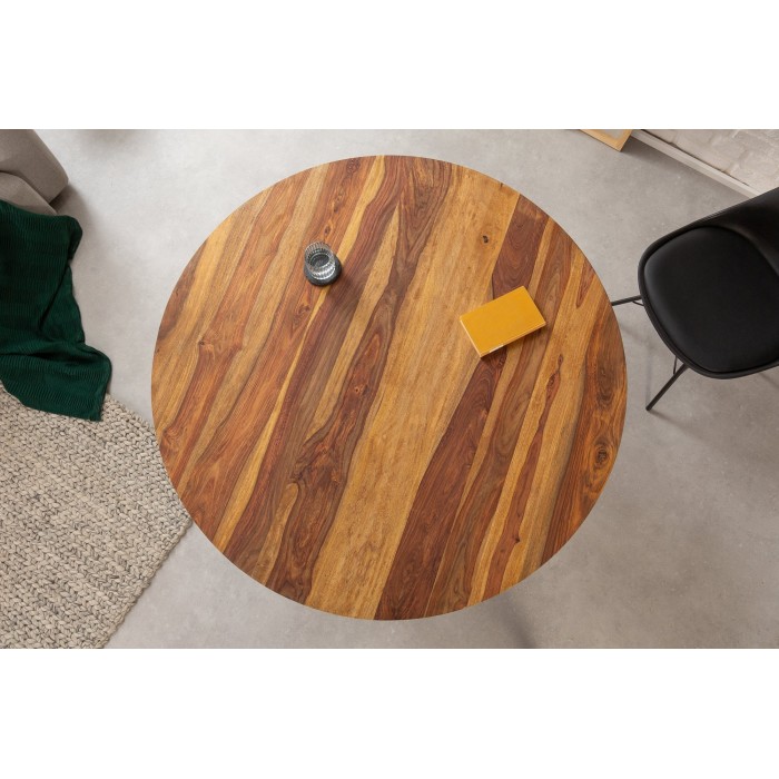 Table de salle à manger ORBO 120 cm – Plateau en bois de Sheesham verni et pieds en métal noir – Style industriel
