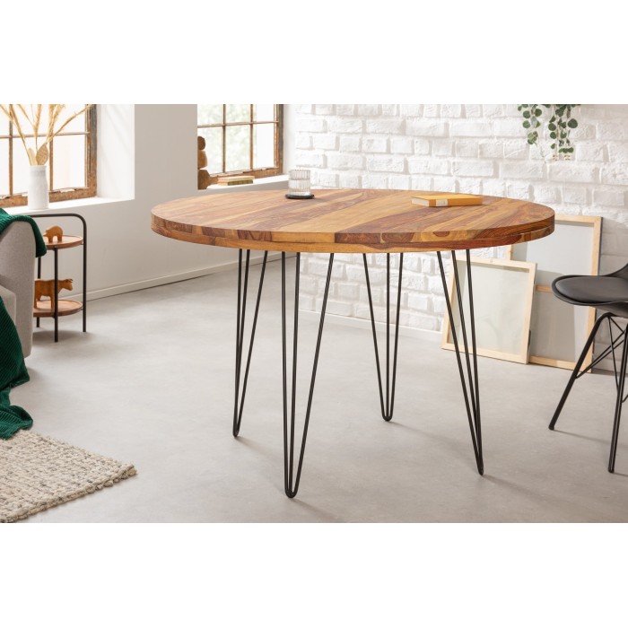 Table de salle à manger ORBO 120 cm – Plateau en bois de Sheesham verni et pieds en métal noir – Style industriel