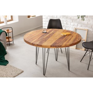 Table de salle à manger ORBO 120 cm – Plateau en bois de Sheesham verni et pieds en métal noir – Style industriel