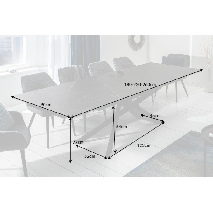 Table de salle à manger STELIX 180–220–260 cm – Plateau en céramique anthracite et verre trempé – Extensible