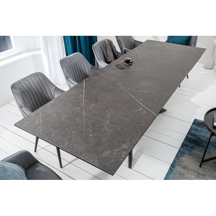 Table de salle à manger STELIX 180–220–260 cm – Plateau en céramique anthracite et verre trempé – Extensible