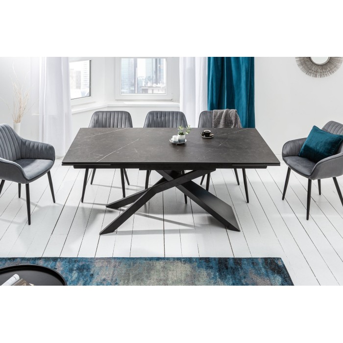 Table de salle à manger STELIX 180–220–260 cm – Plateau en céramique anthracite et verre trempé – Extensible