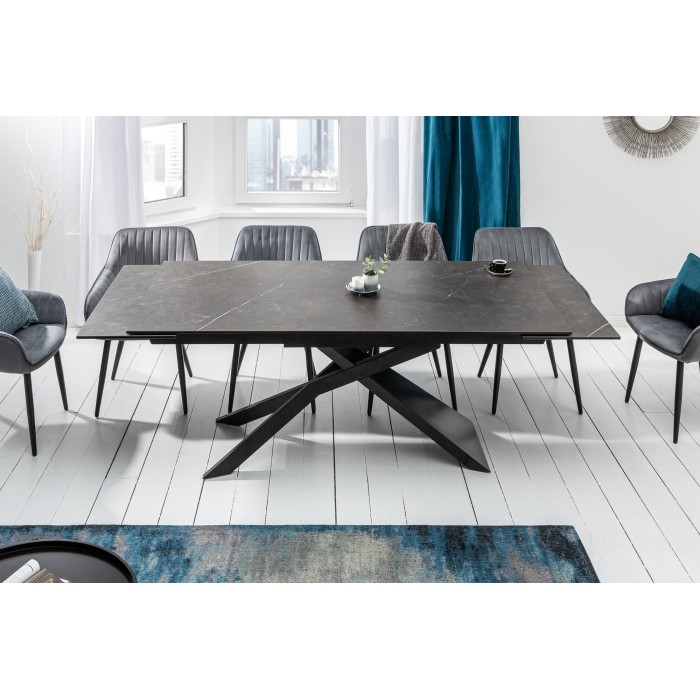 Table de salle à manger STELIX 180–220–260 cm – Plateau en céramique anthracite et verre trempé – Extensible