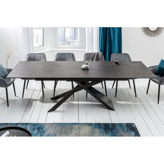 Table de salle à manger STELIX 180–220–260 cm – Plateau en céramique anthracite et verre trempé – Extensible
