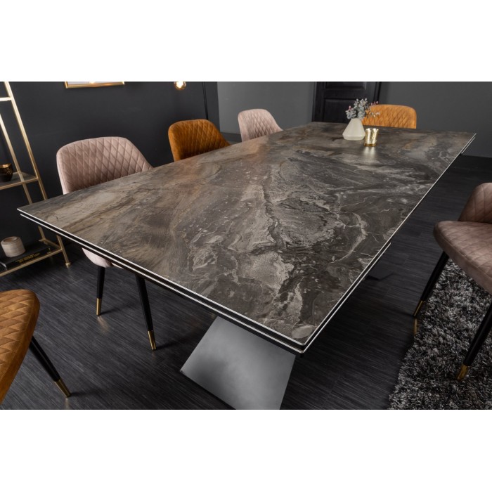 Table de salle à manger STELIX 180–220–260 cm – Plateau en céramique effet marbre et verre trempé