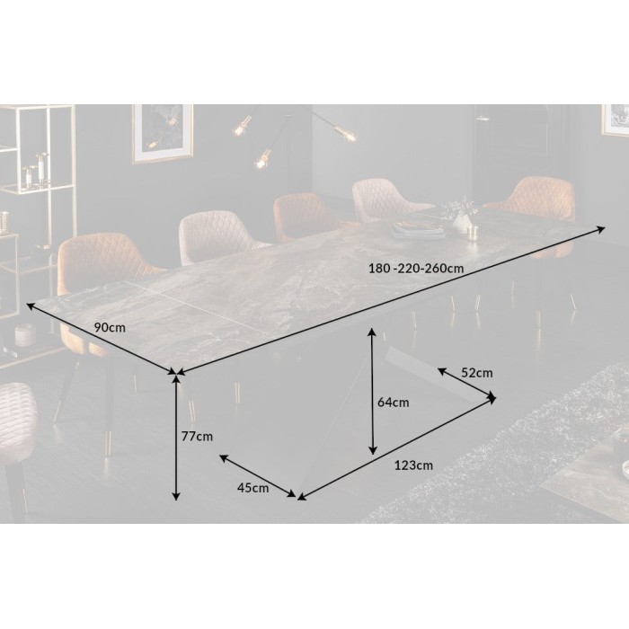 Table de salle à manger STELIX 180–220–260 cm – Plateau en céramique effet marbre et verre trempé