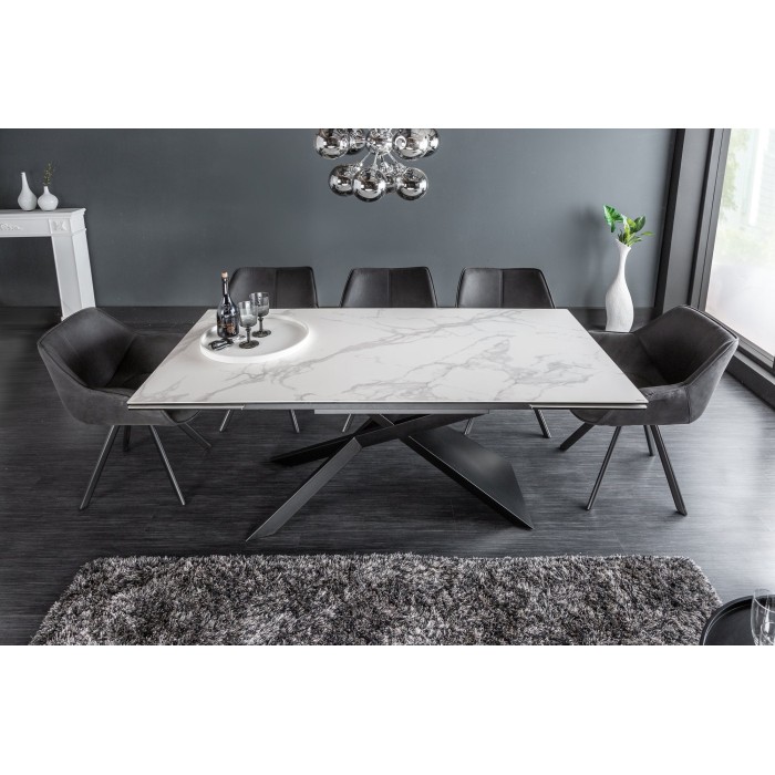Table STELIX 180–220–260 cm – Plateau en céramique effet marbre blanc et verre trempé – Extensible avec pieds en métal noir