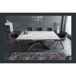 Table STELIX 180–220–260 cm – Plateau en céramique effet marbre blanc et verre trempé – Extensible avec pieds en métal noir