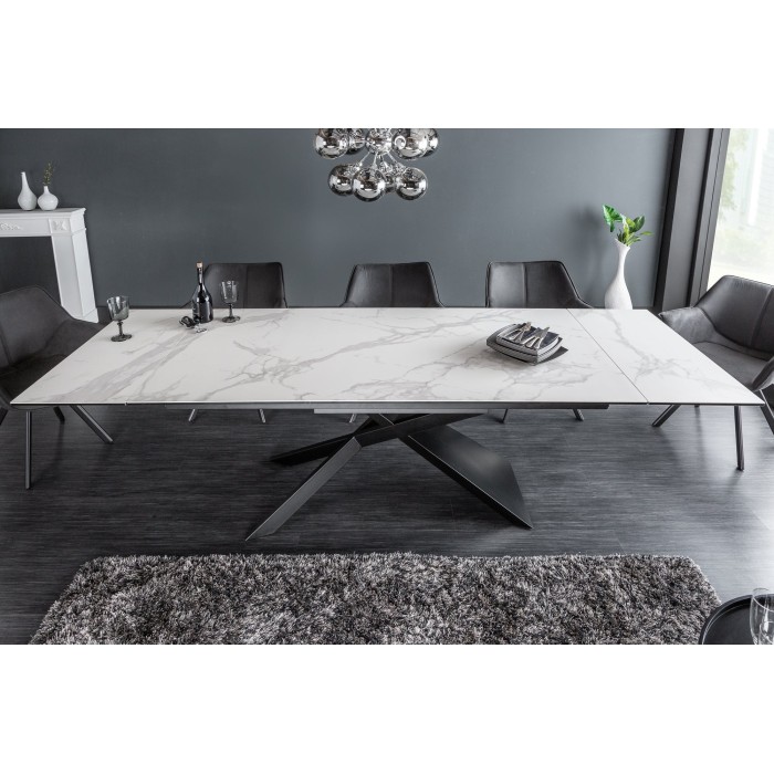 Table STELIX 180–220–260 cm – Plateau en céramique effet marbre blanc et verre trempé – Extensible avec pieds en métal noir