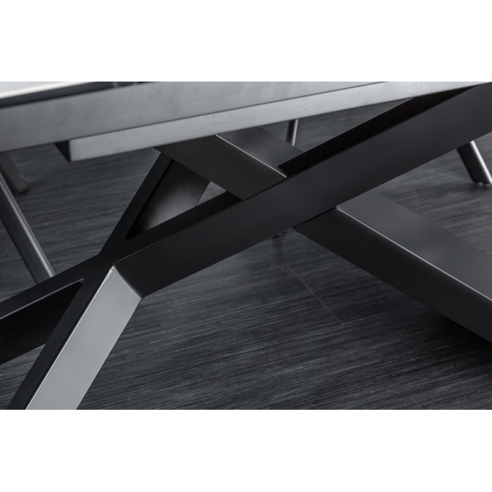 Table STELIX 180–220–260 cm – Plateau en céramique effet marbre blanc et verre trempé – Extensible avec pieds en métal noir
