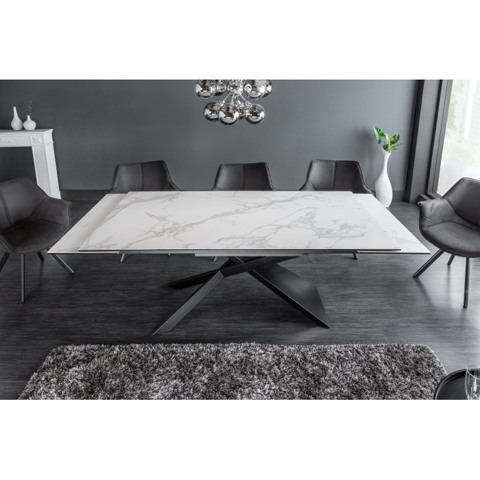 Table STELIX 180–220–260 cm – Plateau en céramique effet marbre blanc et verre trempé – Extensible avec pieds en métal noir