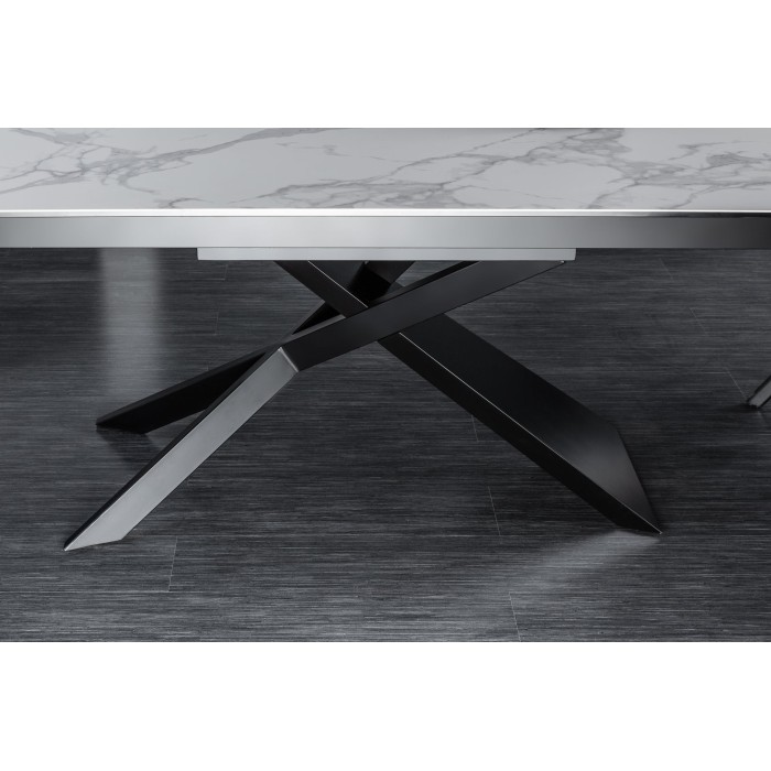 Table STELIX 180–220–260 cm – Plateau en céramique effet marbre blanc et verre trempé – Extensible avec pieds en métal noir