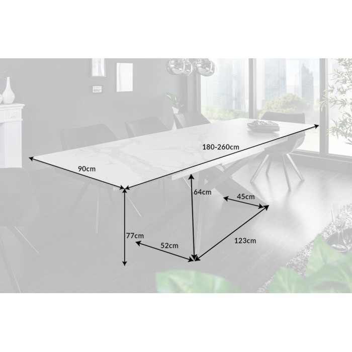 Table STELIX 180–220–260 cm – Plateau en céramique effet marbre blanc et verre trempé – Extensible avec pieds en métal noir