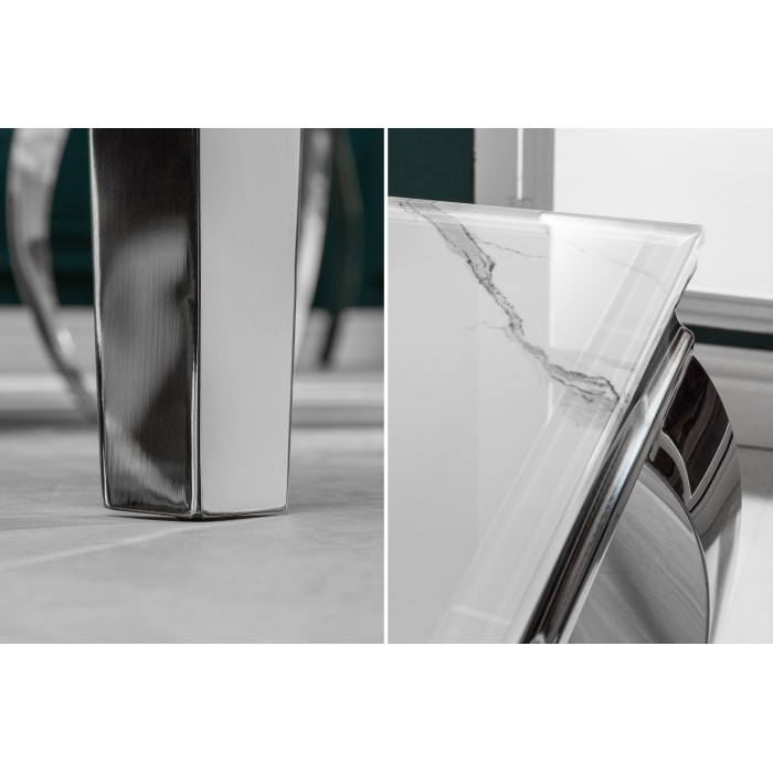 Zoom sur les pieds argentés de la table VELENA avec plateau blanc 200cm