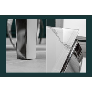 Zoom sur les pieds argentés de la table VELENA avec plateau blanc 200cm