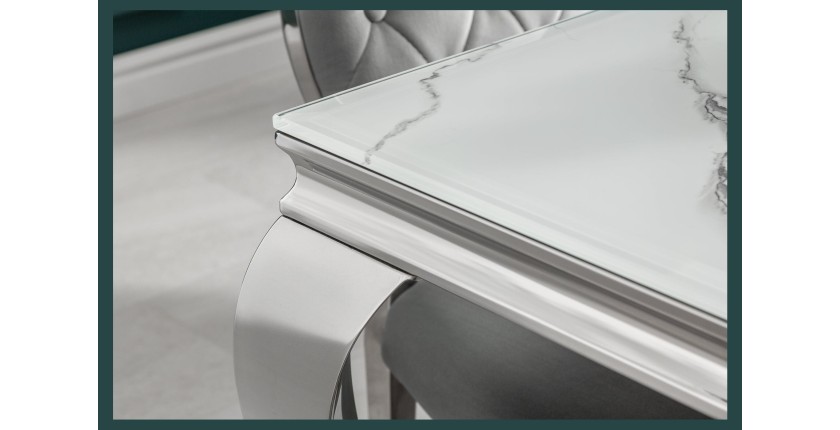 Zoom sur un coin de la table VELENA avec plateau blanc 200cm