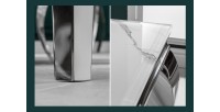 Zoom sur les pieds argentés de la table VELENA avec plateau blanc 180cm
