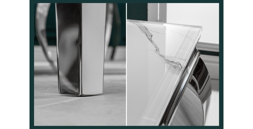 Zoom sur les pieds argentés de la table VELENA avec plateau blanc 180cm