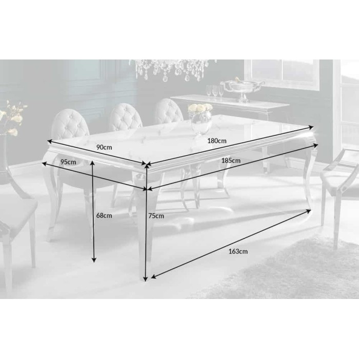 Table de salle à manger VELENA 180 cm – Plateau en verre effet marbre blanc – Structure en acier argenté