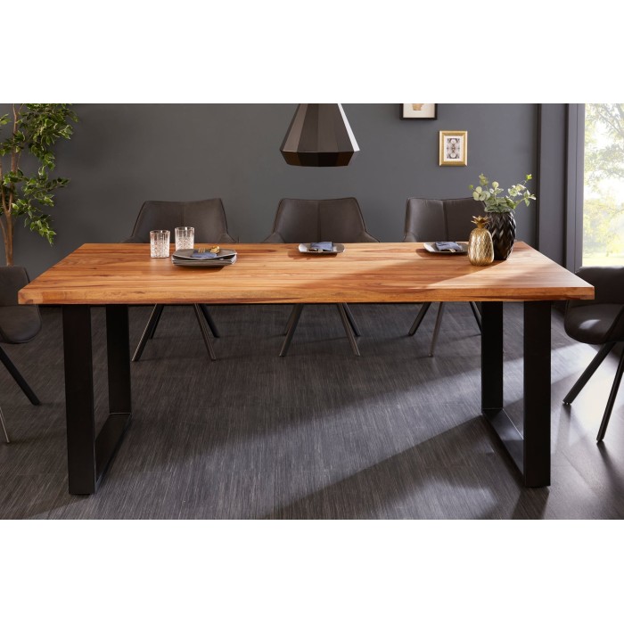 Table de salle à manger LODEN 200 cm – Plateau en bois massif de sheesham verni – Pieds en U en métal noir