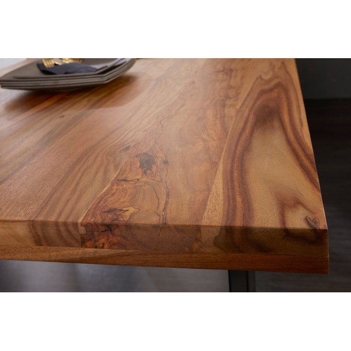 Table de salle à manger LODEN 200 cm – Plateau en bois massif de sheesham verni – Pieds en U en métal noir