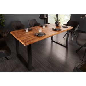 Table de salle à manger LODEN 200 cm – Plateau en bois massif de sheesham verni – Pieds en U en métal noir