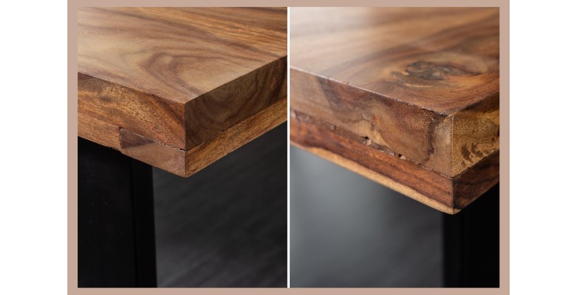 Zoom sur les détails de la tranche de la table LODEN 140cm en bois de Sheesham